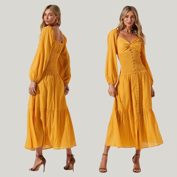 ASTR The Label Long Sleeve Twist Bust Dress in Mustard - Picture 1 of 8